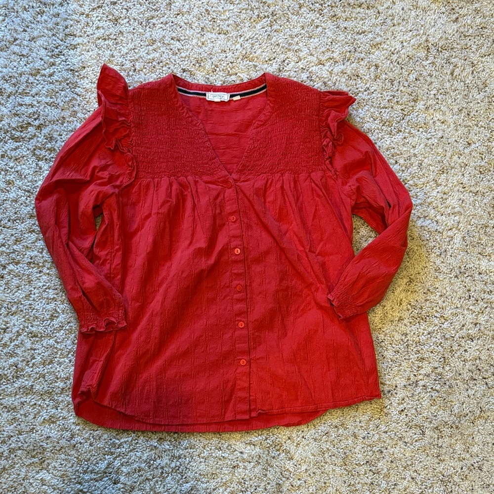 Fat FaceRed Ruffled Long Sleeve Blouse